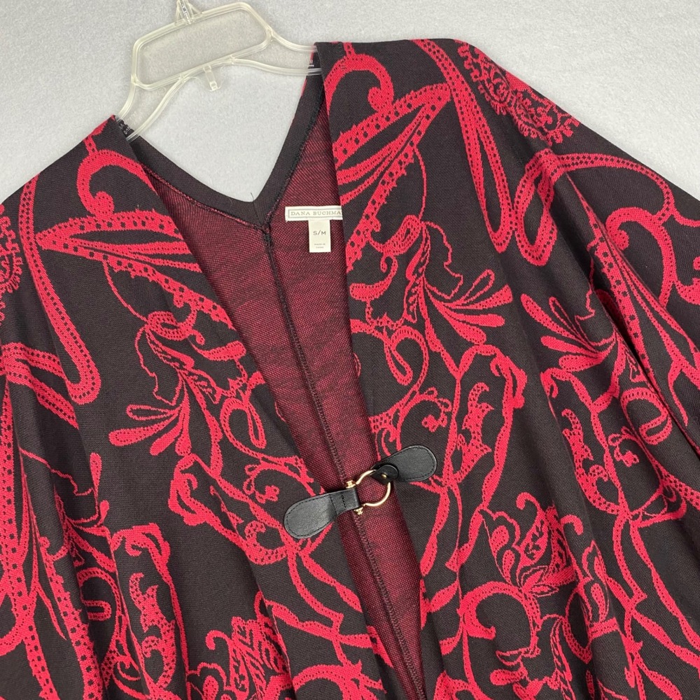 Dana Buchman Red Black Damask Paisley Cotton Buckle Poncho Wrap SM